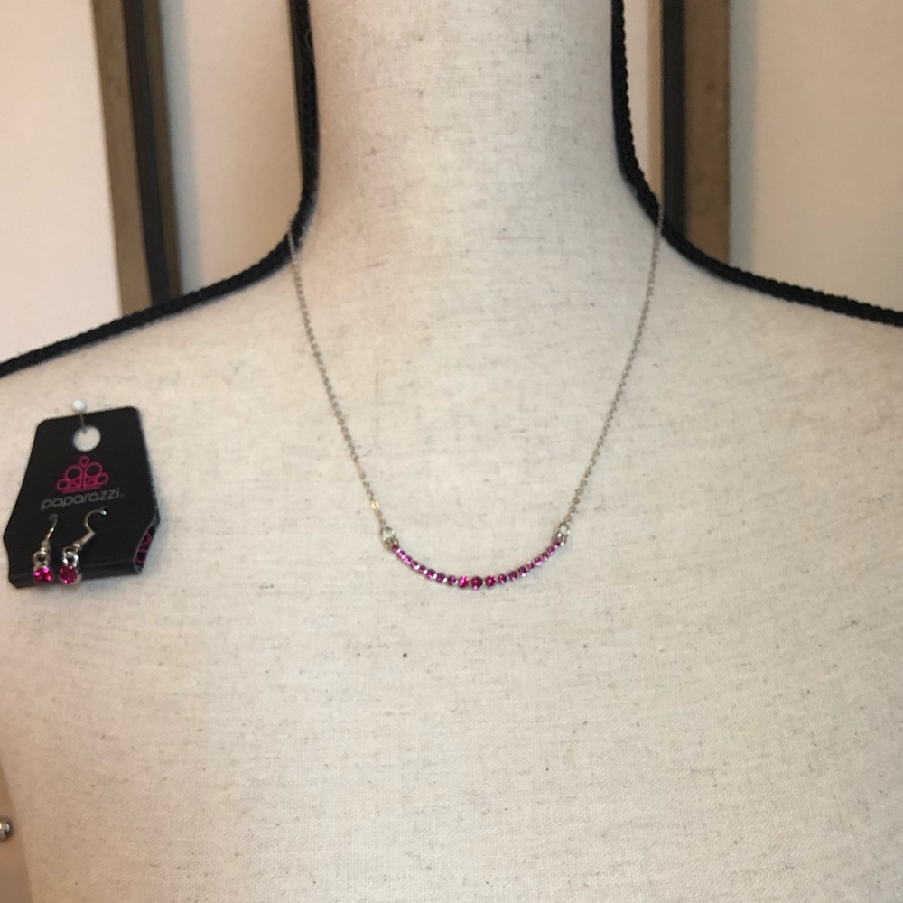 Simple silver necklace w/ pink accents & earrings